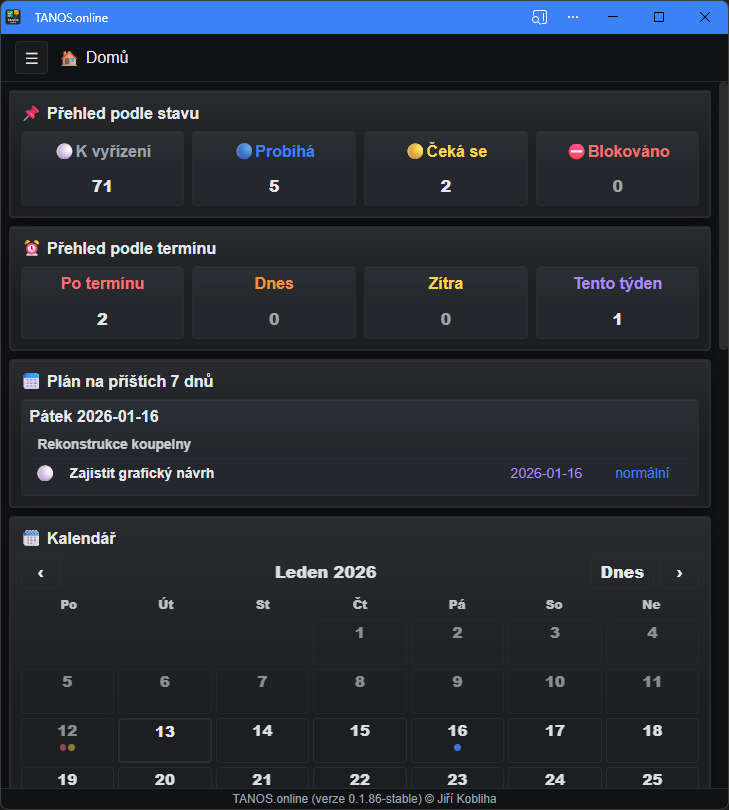 Domů, přehledy a kalendář (tmavý motiv)