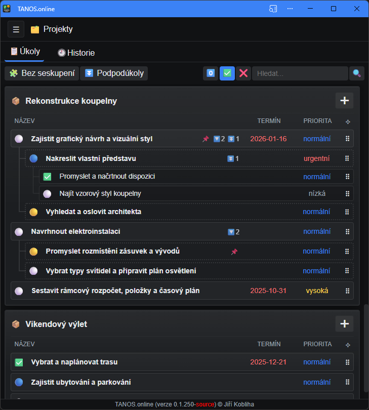 Projekty a úkoly (tmavý motiv)